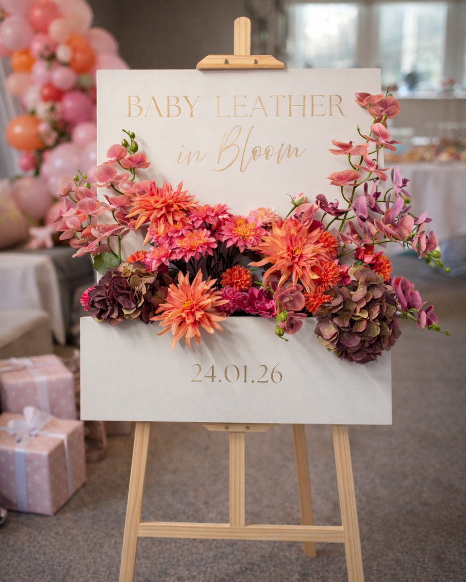 Pink and orange baby shower welcome sign with flowers